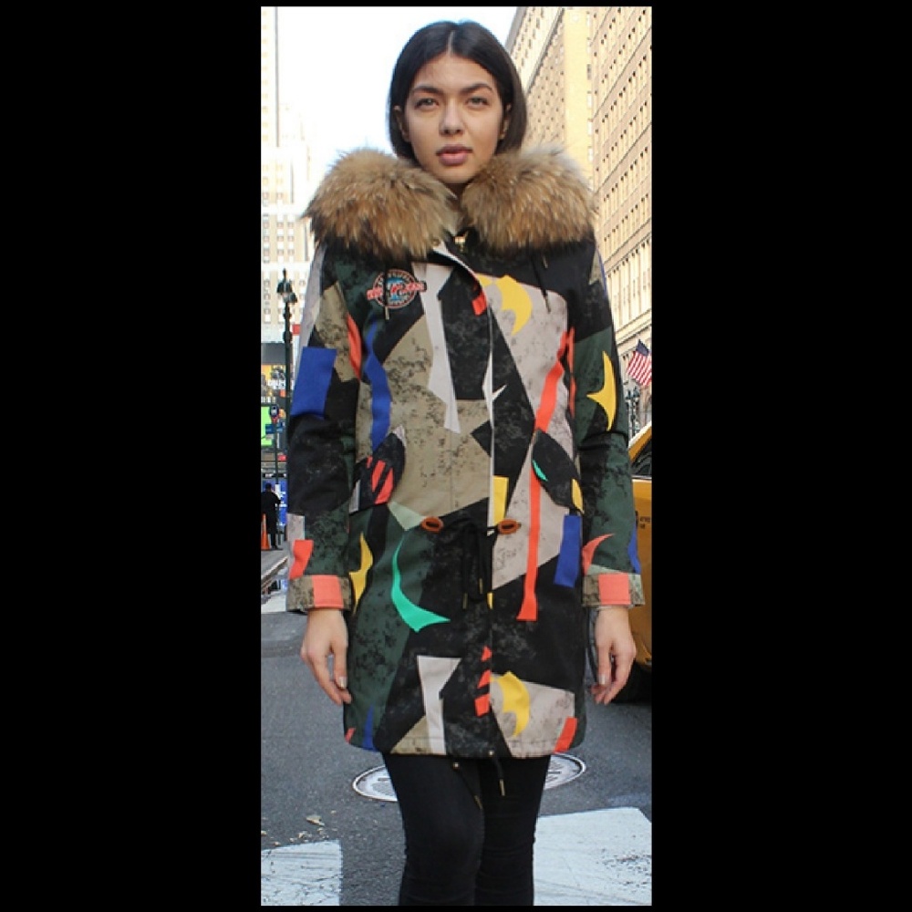 Artistic Print Raccoon Fur Lined Coat Raccoon Fur
